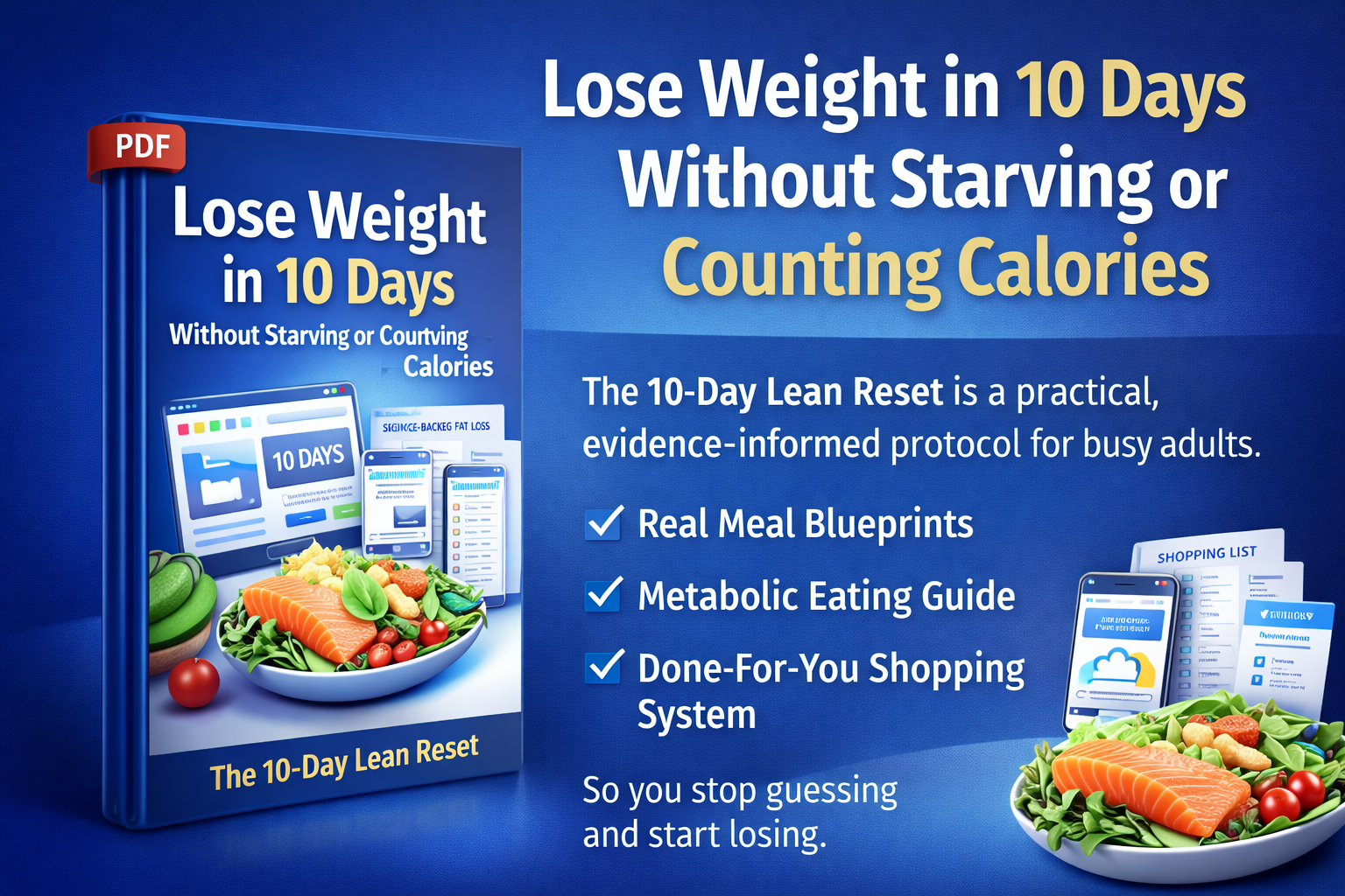 Healthy meal ingredients laid out on a clean kitchen counter with a timer showing 10 days.