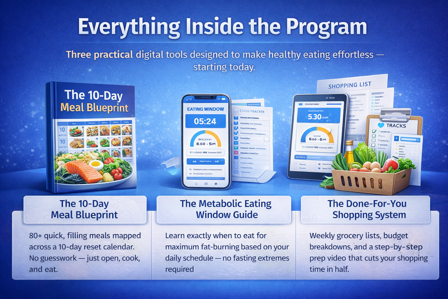 Digital product mockups: a meal blueprint ebook, a mobile eating-window tracker, and a metabolism guide PDF.